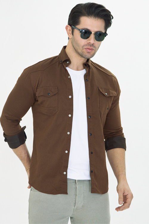 Erkek Kahverengi Slim Fit Dar Kalıp Çift Cepli Pamuklu Kot Gömlek