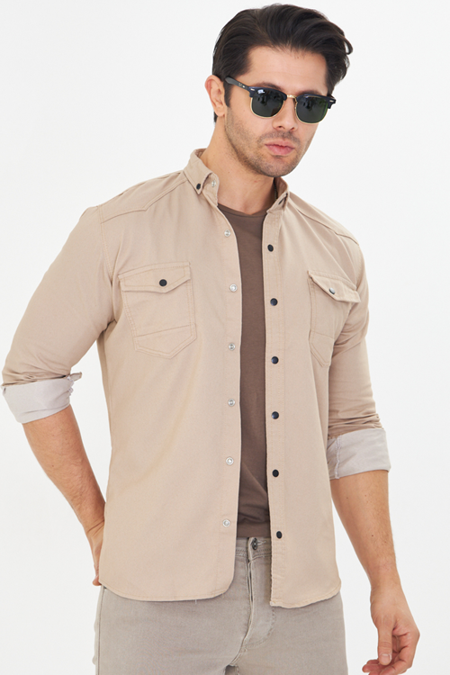 Erkek Vizon Slim Fit Dar Kalıp Çift Cepli Pamuklu Kot Gömlek
