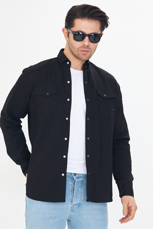 Erkek Siyah Slim Fit Dar Kalıp Çift Cepli Pamuklu Kot Gömlek