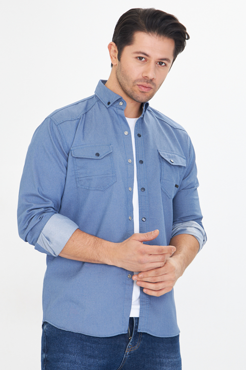 Erkek Mavi Slim Fit Dar Kalıp Çift Cepli Pamuklu Kot Gömlek