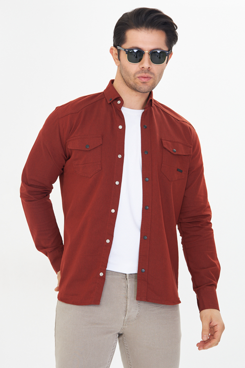 Erkek Kiremit Slim Fit Dar Kalıp Çift Cepli Pamuklu Kot Gömlek