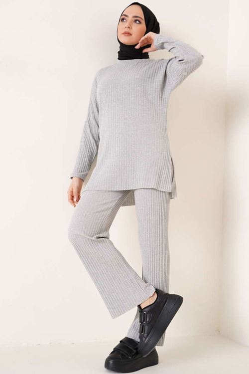 Tesettür Fitilli Uzun Kol Alt-Üst İkili Takım Bluz Pantolon