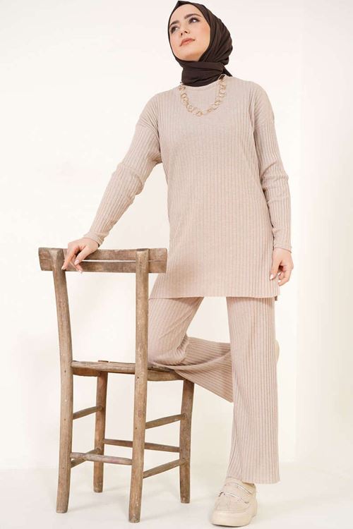 Tesettür Fitilli Uzun Kol Alt-Üst İkili Takım Bluz Pantolon