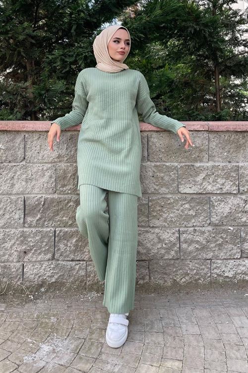 Tesettür Fitilli Uzun Kol Alt-Üst İkili Takım Bluz Pantolon