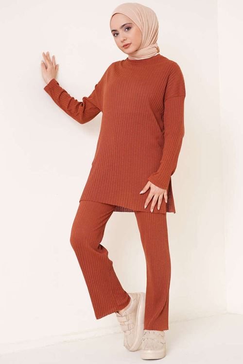 Tesettür Fitilli Uzun Kol Alt-Üst İkili Takım Bluz Pantolon