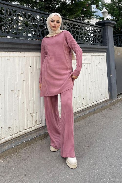 Tesettür Fitilli Uzun Kol Alt-Üst İkili Takım Bluz Pantolon