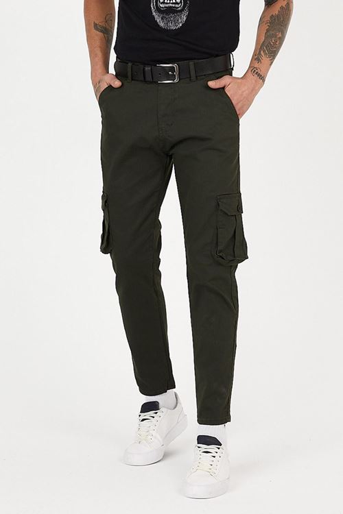 Haki Renk Körüklü Paçası Lastiksiz Kargo Pantolon
