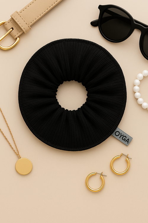 OYGA Siyah Fitilli Ribana Saç Tokası – Dış Dikiş Detaylı, Yumuşak Lastikli Scrunchie