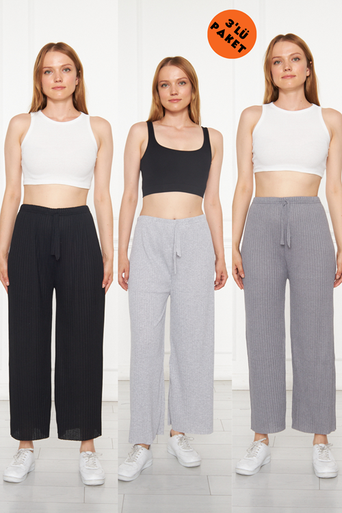 3'lü Siyah - Gri - Füme Kadın Likralı Rahat Pantolon & Eşofman, Gündelik Rahat Ev Giyim Pijama