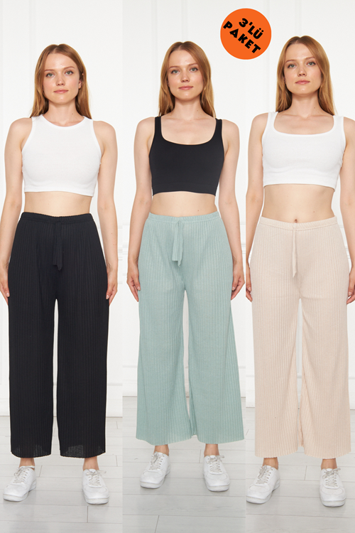 3'lü Siyah - Su Yeşili - Ten Kadın Likralı Rahat Pantolon & Eşofman, Gündelik Rahat Ev Giyim Pijama