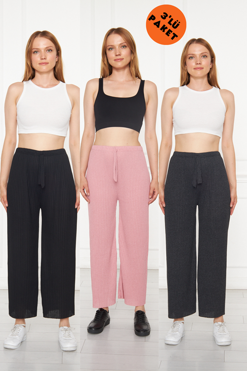 3'lü Siyah - Antrasit- Pembe Kadın Fitilli Rahat Pantolon & Eşofman, Gündelik Rahat Ev Giyim Pijama