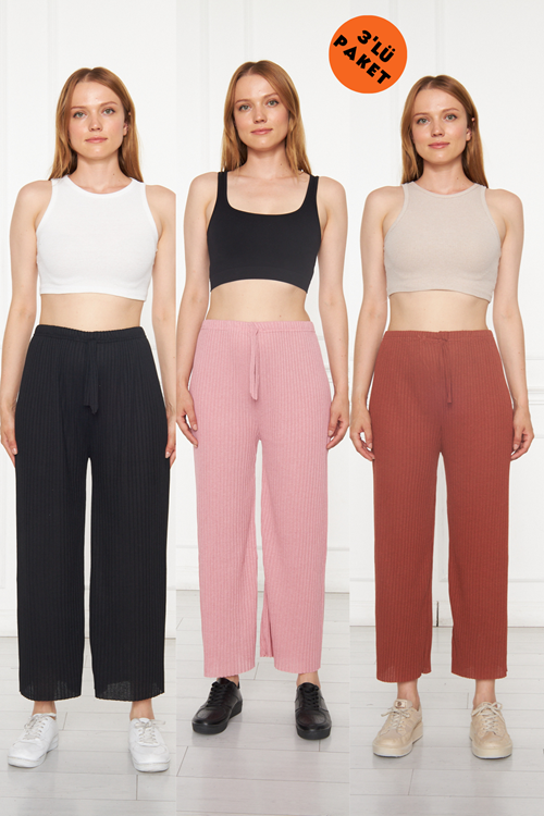 3'lü Siyah - Pembe- Turuncu Kadın Fitilli Rahat Pantolon & Eşofman, Gündelik Rahat Ev Giyim Pijama.