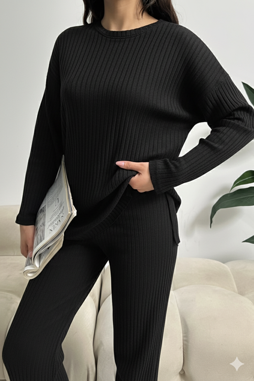 Kadın Siyah Kadın Fitilli Raporlu & Eşofman, Gündelik Ev Giyim Pijama Takımı