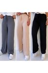 3'lü Füme - Camel- Siyah Kadın Fitilli Raporlu Pantolon & Eşofman, Gündelik Ev Giyim Pijama