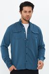 Erkek Petrol Slim Fit Dar Kalıp Çift Cepli Pamuklu Kot Gömlek