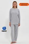 Kadın A.Gri Rahat Oversize Kalıp İnterlok Kalın Kışlık Kumaş Fitilli Gündelik Ev Giyim Pijama Takımı