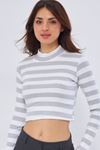 Kadın Gri Yarım Balıkçı Yaka Çizgili Uzun Kollu Crop Bluz