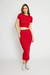 Kadın Kırmızı Fit Ribana Kumaş Kadın İkili Takım – Yırtmaçlı Etek & Crop T-Shirt