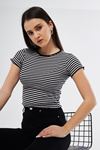 Kadın Siyah Kaşkorse Çizgili Bisiklet Yaka Crop Bluz