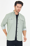 Erkek Su Yeşili Slim Fit Dar Kalıp Çift Cepli Pamuklu Kot Gömlek
